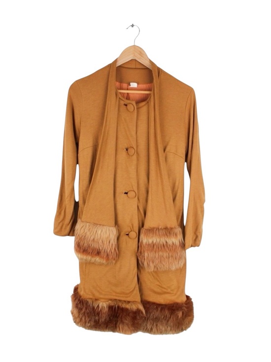Jackets & Blazers - Vintage 60s Mod Hostess Coat Fur Trim Scarf Brown Acrylic Jacket Womens 14